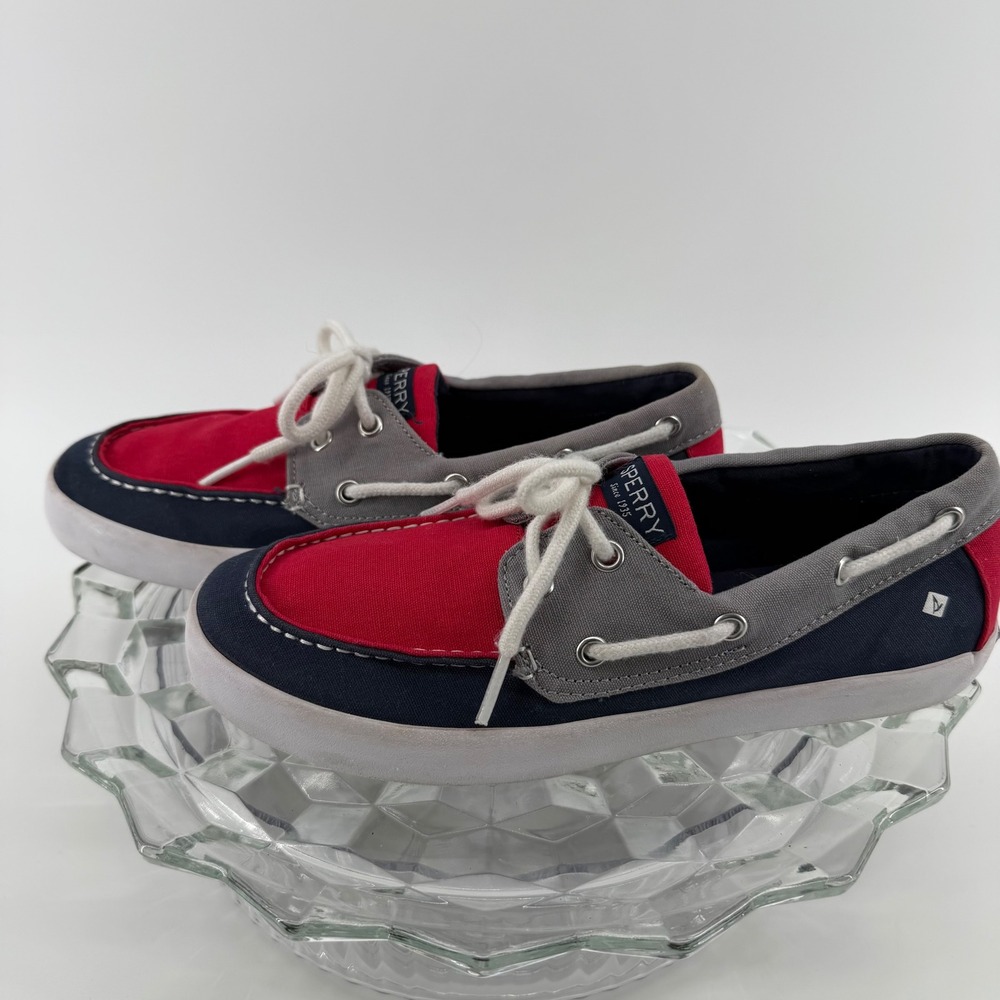 Sperry Top Sider Boat Shoes Red Navy Gray Canvas Lace Up Kids Size 4M